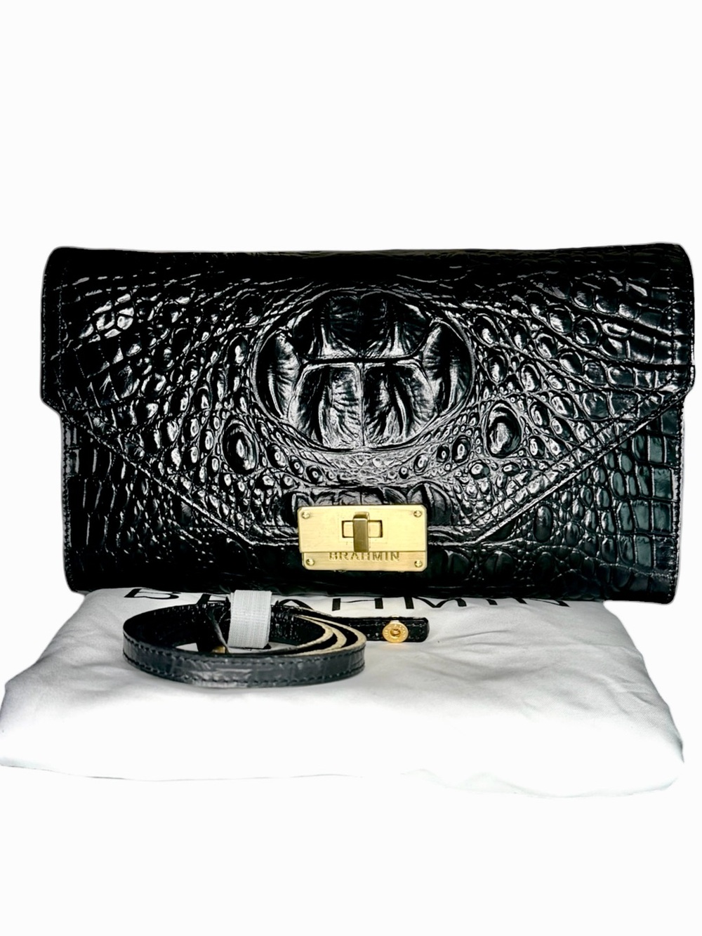 Brahmin Croc-Embossed Envelope Convertible Leather Clutch Shoulder Bag